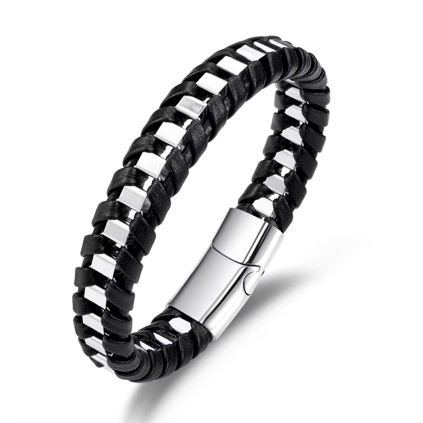 Braided Silver Leather Bracelet- Men