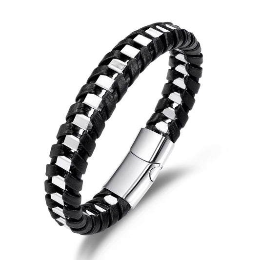 Braided Silver Leather Bracelet- Men