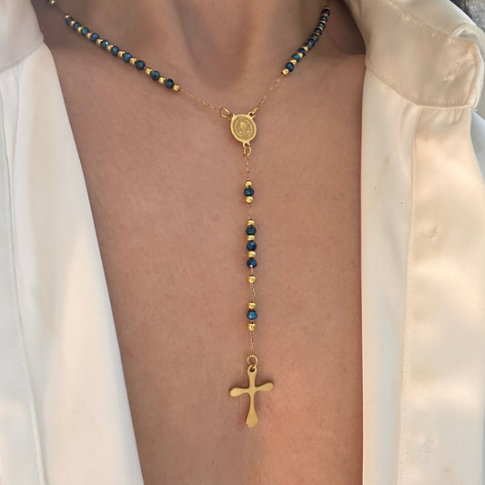 Blue Rosary Cross Necklace