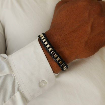 Braided Silver Leather Bracelet- Men