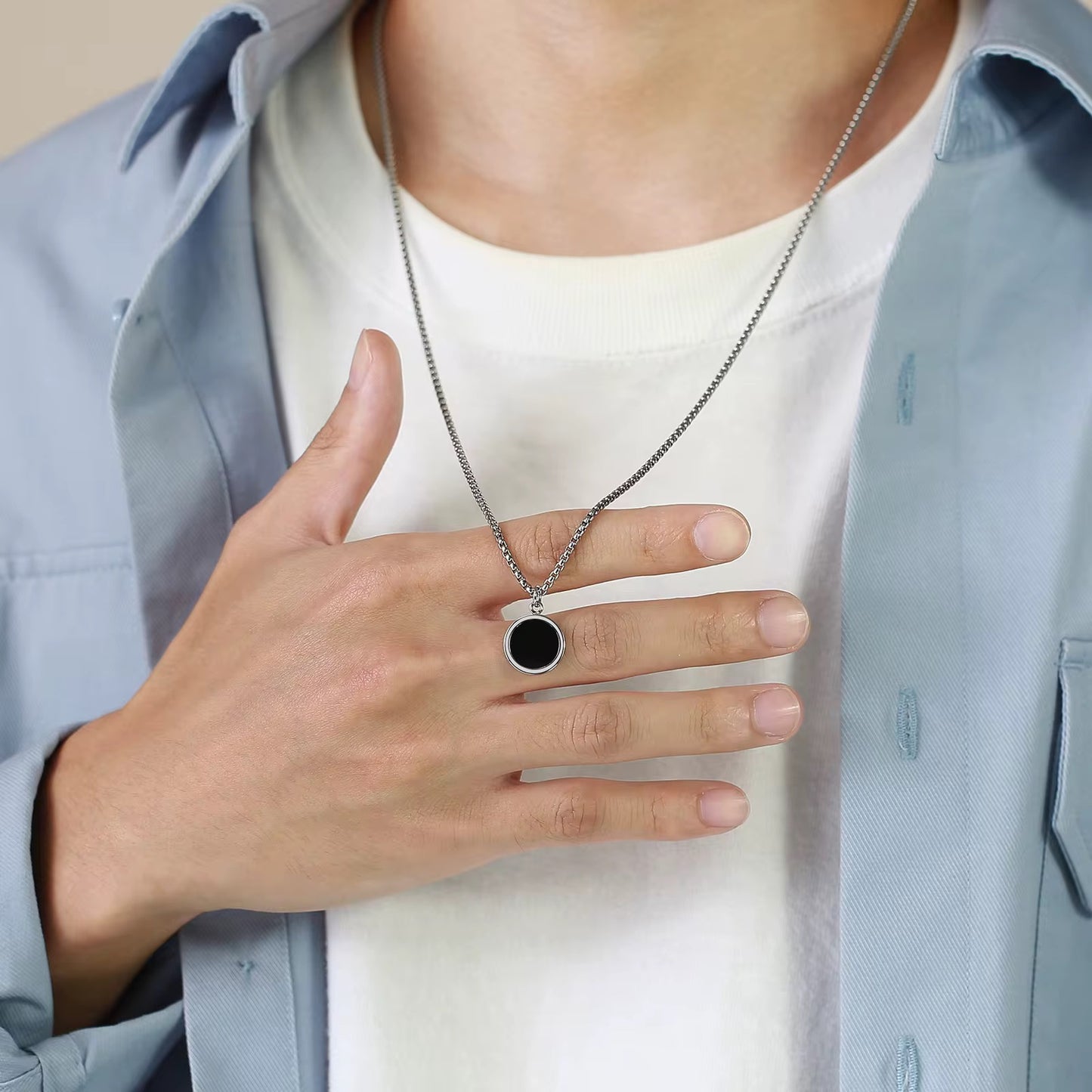 Round Black Pendant Necklace - Men