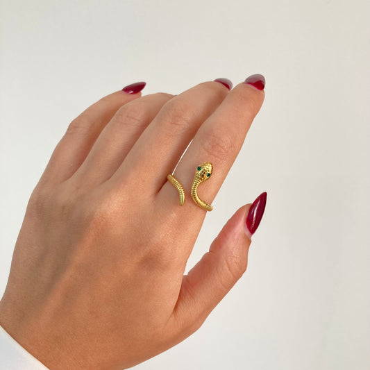 Green Eyed Snake open Ring