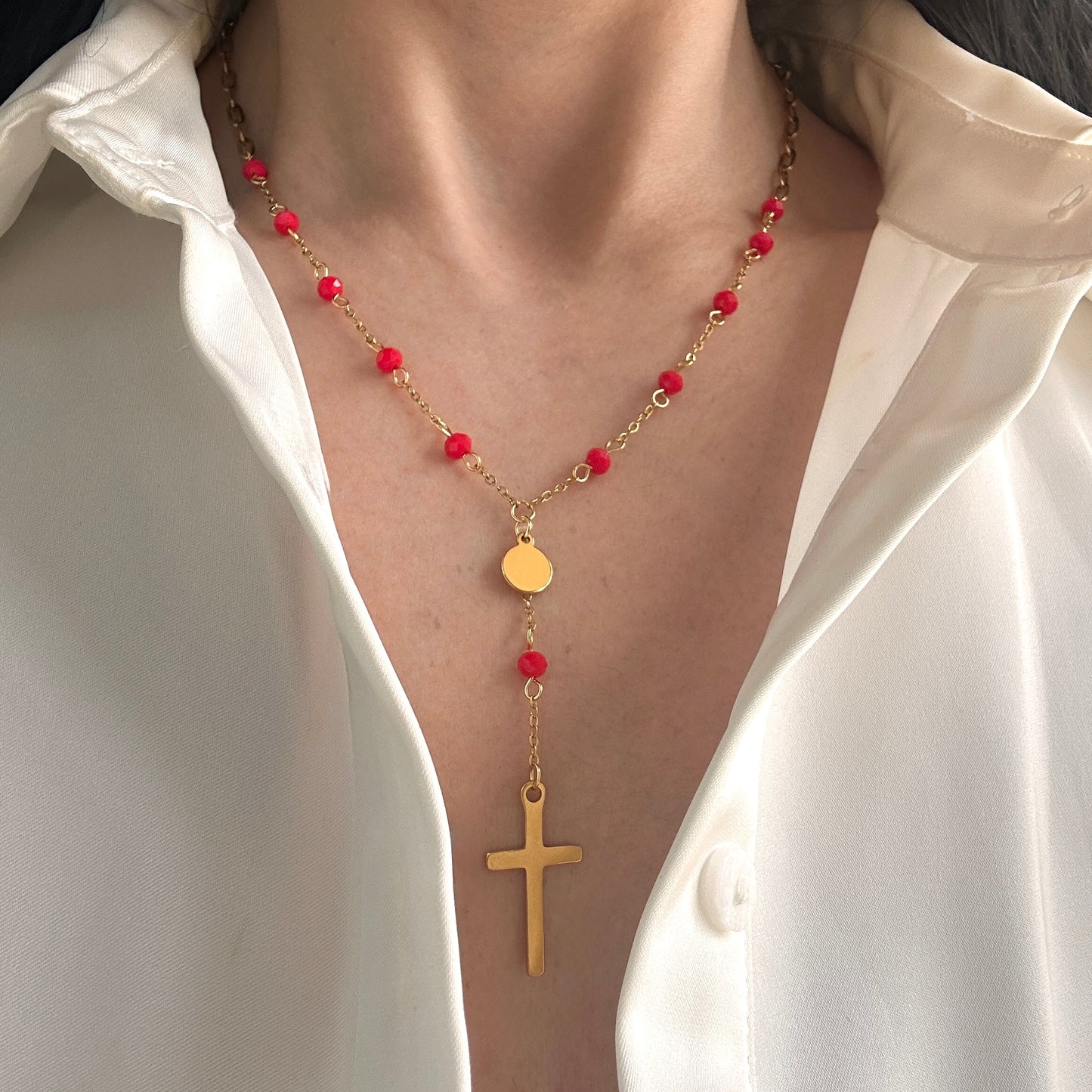 Red Cross Rosary Necklace