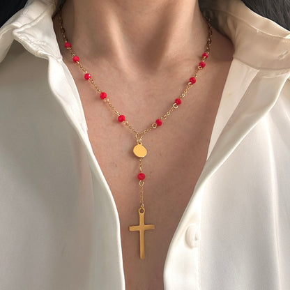 Red Cross Rosary Necklace