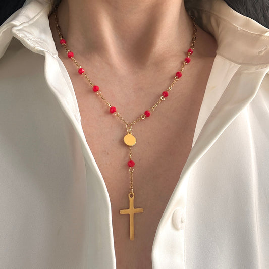 Red Cross Rosary Necklace