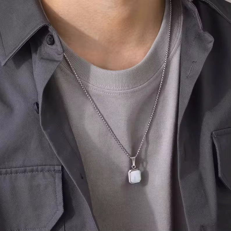 White On Silver Pendant Necklace - Men