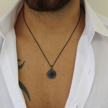 Compass Black Pendant Necklace - Men