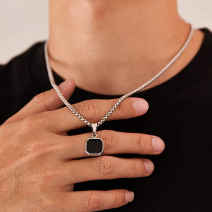 Black On Silver Pendant Necklace - Men