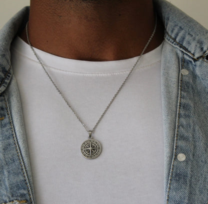 Compass Silver Pendant Necklace - Men
