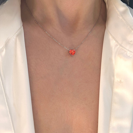 Red Heart Charm Necklace Silver