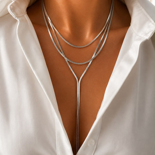 Double Layer Herringbone Y Necklace Silver