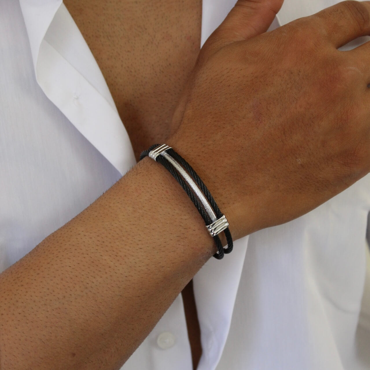 Silver On Black Bangle - Men