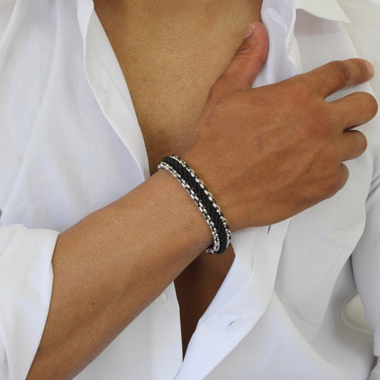 Silver On Black Braided Bracelet - Men