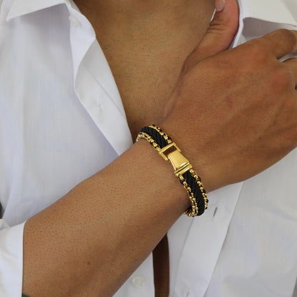 Gold On Black Braided Bracelet - Men