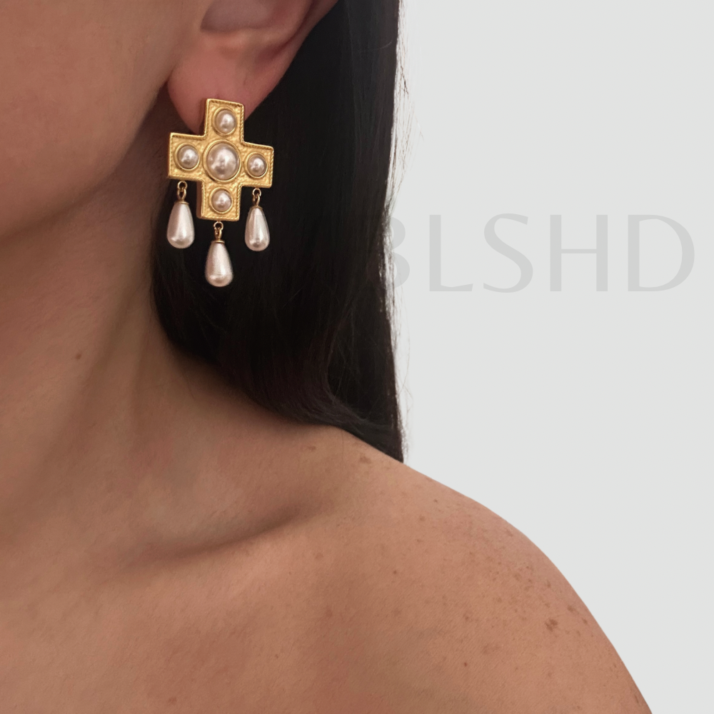 Royal Pearl Cross Earrings